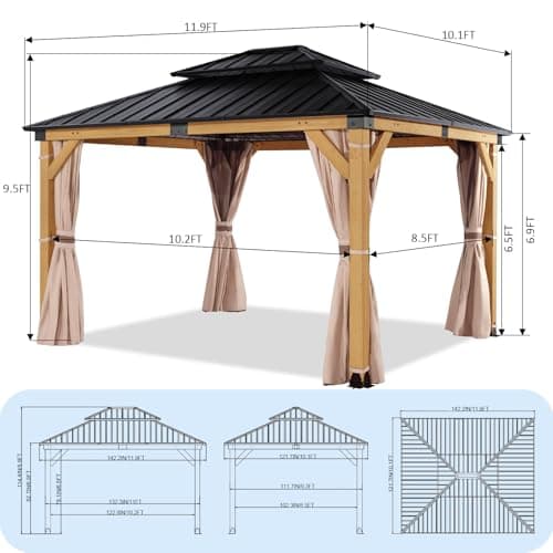 StarEcho 10'x12' Wooden Hardtop Gazebo,Wood Heavy Duty Solid Cedar Gazebos with Mosquito Netting and Waterproof Curtains,Outdoor Metal Canopy for Backyard,Lawn, Garden, Deck