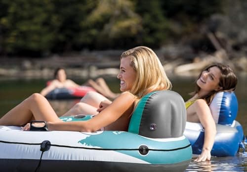 INTEX 58825EP River Run 1 Inflatable Floating Lounge: Comfortable Backrest – Built-in Cup Holders – Durable Grab Handles – All Around Grab Rope – 220lb Weight Capacity– Blue