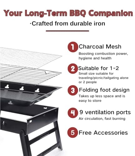 Portable Charcoal Grill Kit - 17.3" Folding BBQ Grill, Adjustable Heights,5 Skewers, 1 Spatula, 1 Fork, Mini Tabletop Grill, Small Grill Outdoor for Camping, Grilling Backyard, RV, Tailgating, Picnic
