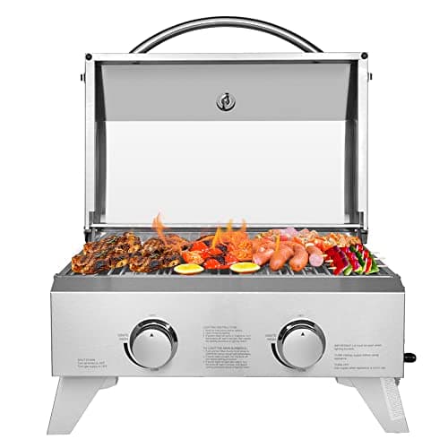 ROVSUN Portable Gas Grill with 2 Burner, 20,000BTU Large Tabletop Camping Propane Griddle for Outdoor Patio Garden BBQ Picnic Tailgating Trip Home Use with Stainless Steel Body, Regulator & Hose
