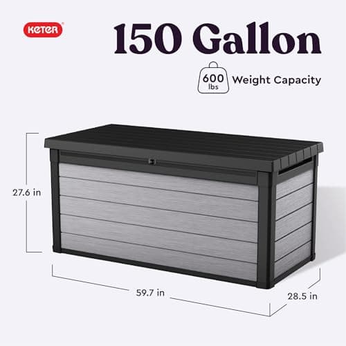Keter Denali 150 Gallon Resin Large Deck Box with Double Wall 20mm Panels - Paintable and Drillable-Organization and Storage for Patio Storage Box and Outdoor Items, Grey & Black