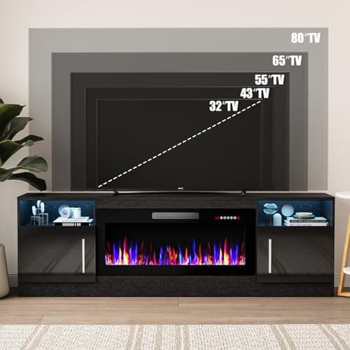 VITESSE Fireplace with TV Stand 36" inch Electric Fireplace Up to 80" TVs, LED Light Entertainment Center, 70" Modern Wood High Gloss with Highlight Storage Cabinet for Living Room (Black)