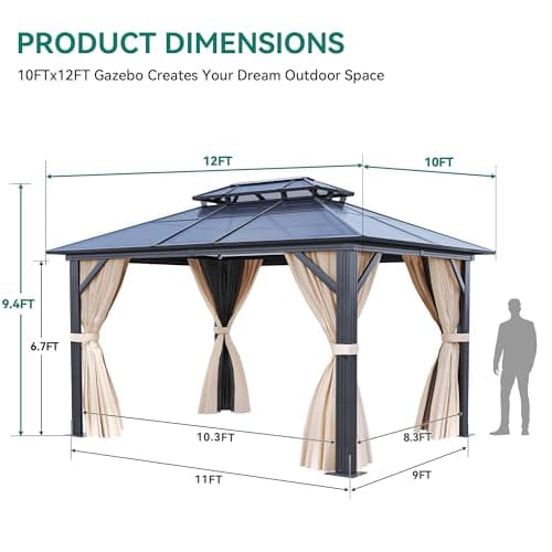YITAHOME 10x12FT Gazebo Hard-Top Double Roof Canopy Outdoor with Netting and Shaded Curtains, Aluminum Frame Polycarbonate Hardtop Garden Tent for Patio, Backyard, Deck and Lawns, Brown
