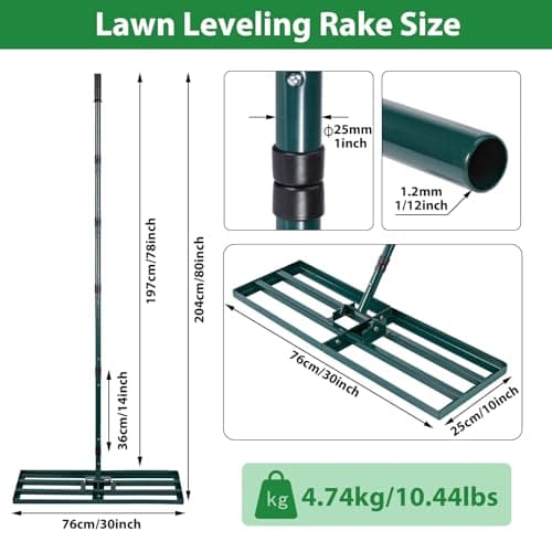 Lawn Leveling Rake,Stainless Steel Lawn Leveler with 30”x10” Ground Plate, 78” Adjustable Long Handle, Level Yard Tool for Grass, Golf Field, Level Soil or Dirt Ground Surfaces-Green