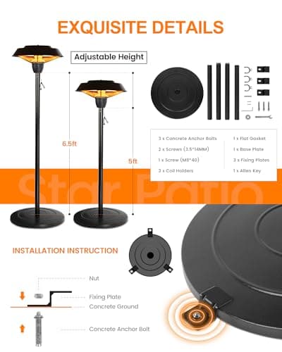 Star Patio Electric Outdoor Heater, Freestanding Patio Heater, Infrared Heater, Hammered Bronze Finished, Tip-Over Protection, Adjustable Height and Silent Heating Heater, ZHQ1566-C-SN12024