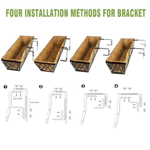 2 Pack 24 Inch Window Boxes Planters Railing Planter Box with Adjustable Brackets for Porch Fence Patio Balcony Hanging Flower Baskets with Coco Liners for Outdoor Garden Décor - Black