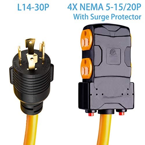 25Ft Generator Cord with Surge Protector Breaker,Heavy Duty Generator Locking Cord,NEMA L14-30P/Four 5-20R,4 Prong 10 Gauge Flexible Cable,Power Extension Cord, 30Amp 7500 Watts