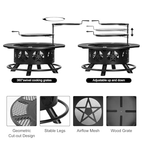 36 Inch Fire Pit with 2 Grills, Wood Burning Fire Pits for Outside with Lid & Poker, BBQ& Outdoor Firepit & Round Metal Table 3 in 1 for Patio, Picnic, Party