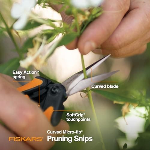 Fiskars Curved Micro-Tip Pruning Snips - 6" Garden Shears with Sheath and SoftGrip Handle - Yard and Garden Tools - Orange/Black