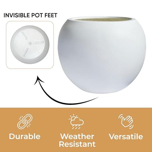 Globo 9.7" H x 12" D Fiberstone Premium Large Planter, (White), 7.8" Pot Opening, Sphere Drainage Pots, Lightweight Outdoor Planters, Planter for Indoor and Outdoor use, Gifts for Mom.