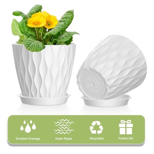 12 Pack 4 Inch Small Plant Pots with Saucers, 3D Textured Plastic Planters with Drainage Holes for Indoor and Outdoor Plants, Flowers, Herbs, Succulents, and Seedlings, White