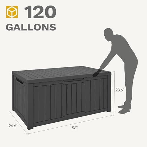 DWVO 120 Gallon Outdoor Storage Deck Box, Weather-Resistant Resin, Versatile for Patio Furnishings, Outdoor Cushions, Garden Tools, and Sports/Pool Gear (Dark Gray)
