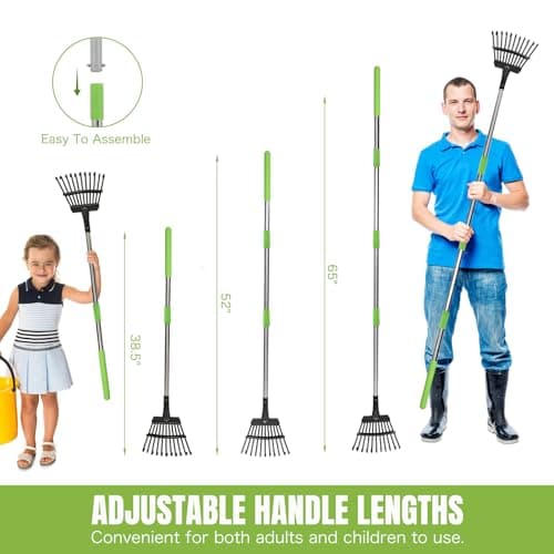 Joyhalo Small Leaf Rake, 8.5 Inch Wide Head with 11 Tines, Metal Garden Rake with Adjustable Handle 38.5 to 65 Inch for Gardening, Leaves, Weeds, Debris