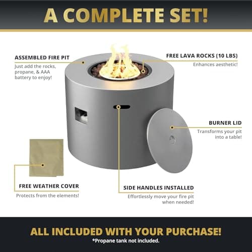 32" All in One Smokeless Fire Pit Table with Lid, Outdoor Round Patio Gas Fire Pit, 50,000 BTUs,Alloy Steel Finish,Propane Fire Table with Lava Rocks&Weatherproof Cover,Complete Accessories