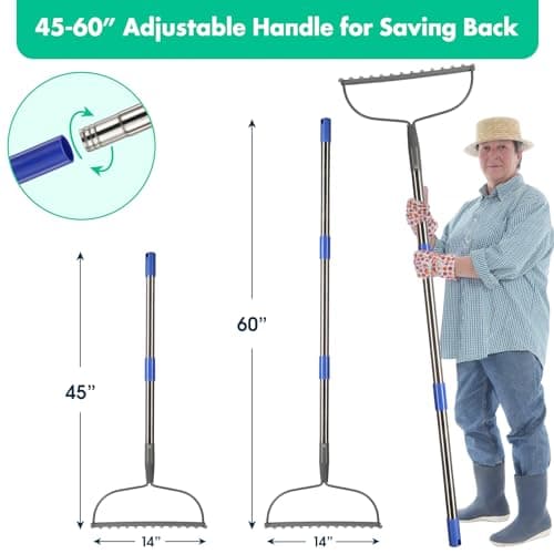 Rake, 60 Inch Garden Bow Rake with 14 Tines, Heavy Duty Stainless Steel Raking Tool for Gardening Landscaping Loosening Soil Leveling Mulching Gravel Gathering Leaf Thatch Lawn Care