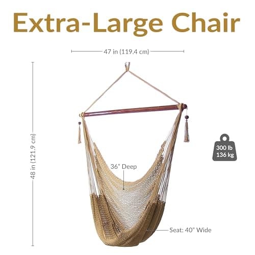 Sunnydaze Outdoor Hammock Chair Swing - Hanging Hammock Swing - Hanging Reading Chair - Soft-Spun Polyester Rope - Caribbean XL - Tan