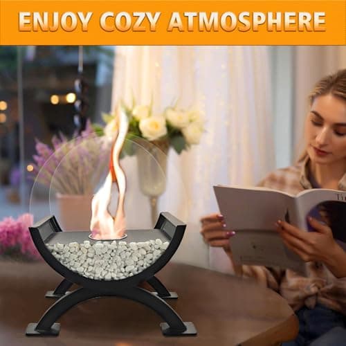 Round Glass Large Tabletop Fireplace 12.5" H Portable Fire Bowl Pot Clean Burning Bio Ethanol Ventless Fireplace for Indoor Outdoor Patio Parties Events(Black)