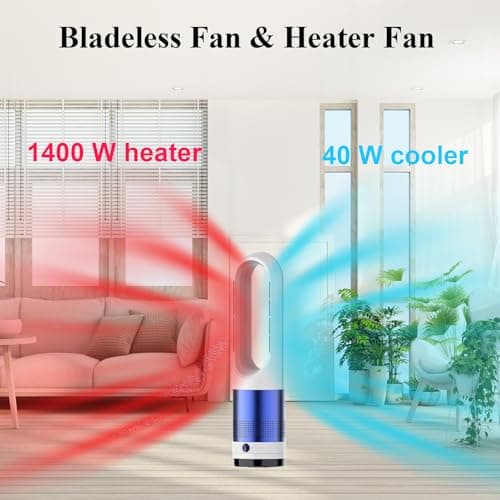 Bladeless Heater and Fan Combo, 1400 Watt Heater Fan and 40 Watt Cold Fan, 80° Oscillating Fan, All the Season Use, Remote and Touch Control, Floor Tower fan, Office Room, Bedroom, Blue White