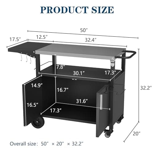 JY QAQA Outdoor Grill Cart with Storage,Patio Kitchen Island Outdoor Grill Table with Wheels,BBQ Cart Movable Pizza Oven Table Stand, Storage Cabinet, Foldable Tabletop, (Black)