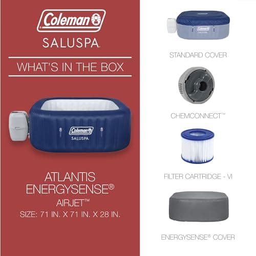 Coleman Atlantis AirJet Large Square 4 to 6 Person Inflatable Hot Tub Portable Outdoor Spa with 140 AirJets and EnergySense Cover, Blue