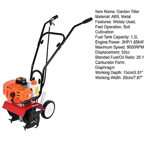 Garden Tiller Gas Powered,Garden Tiller,52cc 2 Stroke 9000RPM Cordless Tiller Cultivator,6-inch Depth Digging Petrol Cultivator 1.2L Fuel Tank Mini Tiller for Lawn Yard Soil Cultivation