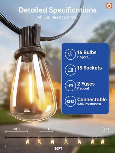 addlon 50FT LED Outdoor String Lights with 16 Shatterproof ST38 Bulbs, Commercial Grade Patio Light, Vintage Outside Hanging Waterproof, Outdoor Connectable for Garden Porch Backyard Balcony