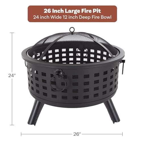 Outdoor Fire Pit - 26-Inch Round Lattice Wood Burning Firepit with Screen, Poker, Grate and Cover - Wood Fire Pits & Outdoor Fireplaces by Pure Garden