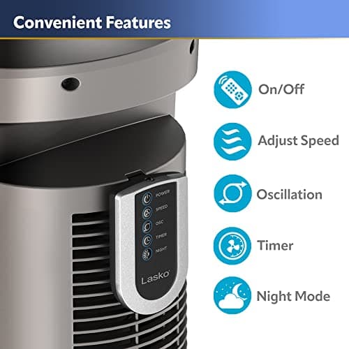 Lasko Oscillating Tower Fan, Nighttime Setting, Remote Control, Portable, Timer, for Bedroom, Home and Office, 3 Quiet Speeds, 42.5", Silverwood, T42954, woodgrain and grey