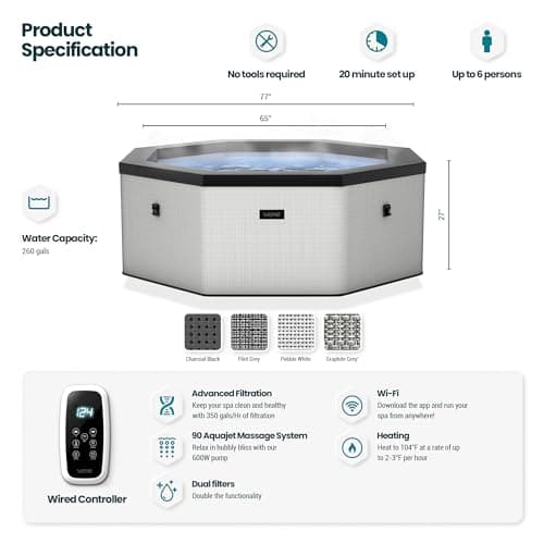 Como 6 Person Eco Foam Hot Tub | Portable Outdoor Spa with Rapid Heating | Durable PVC Material | Easy Setup | Ideal for Garden and Patio Relaxation | Graphite Gray