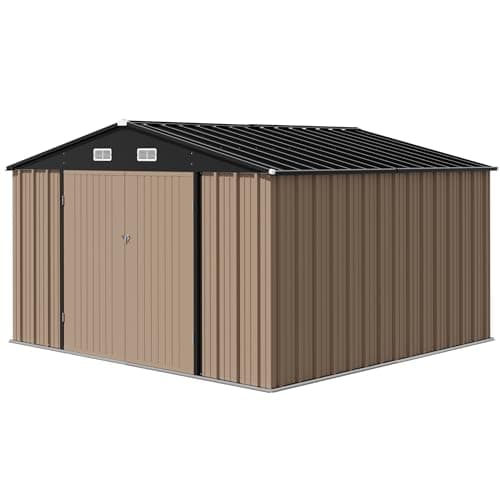 Devoko 10 x 10 FT Outdoor Storage Shed, Metal Garden Sheds & Outdoor Storage Clearance, Large Tool Shed Outdoor with Single Lockable Door for Patio Lawn Backyard (Brown)