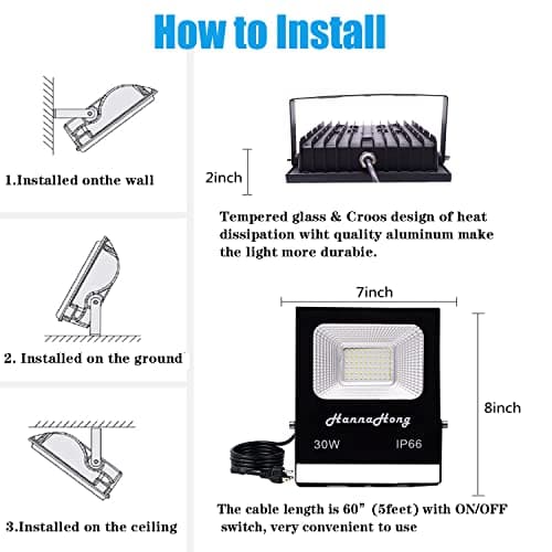 HANNAHONG 30W LED Flood Light Plug in with ON/Off Switch,Cool White,Bright Security/Work/Plant Grow Outdoor,IP66 Waterproof,Reflector Exteriore Spotlight Porch,Garage,Patio,Yard,Garden