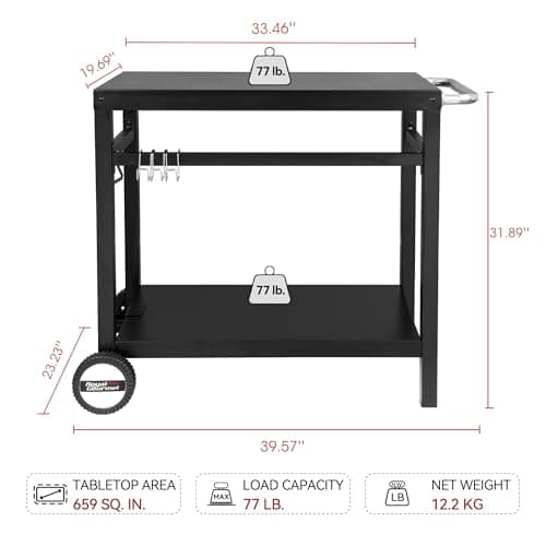 Royal Gourmet Dining Cart Table with Double-Shelf, Movable Stainless Steel Flattop Grill Cart, Hooks, Side Handle, Multifunctional PC3401B (Black)