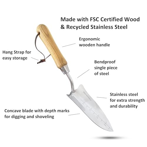 Garden Guru Eco Transplanter Trowel Shovel- 100% Recycled Stainless Steel - Rust Resistant - FSC Certified Wood Ergonomic Handle - Perfect Tool for Gardening Weeding Transplanting and Digging