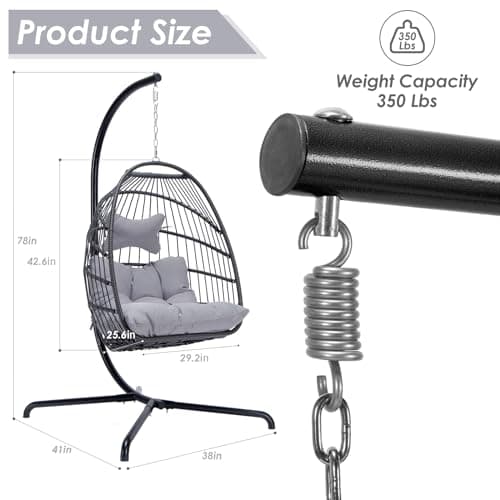 NICESOUL Swing Egg Chair Outdoor Indoor, Patio Wicker Hanging Egg Chairs with Stand, Swinging Hammock with Padded Cushions, 350lbs Sturdy Egg-Shaped Seating for Porch Bedroom Balcony Xmas Gift, Grey