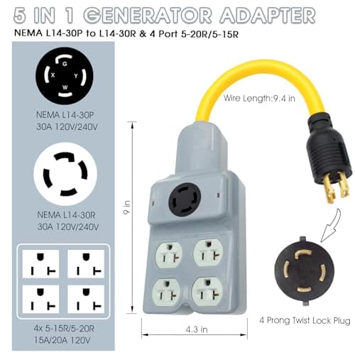 240V to 120V Adapter, Generator Plug NEMA L14-30P to L14-30R and 4 Port 5-20R/5-15R 4 Prong Twist Lock 30 Amp Male Plug to Female Receptacle for RV Workshop Outdoor Activity (Gray)