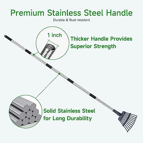 GreatBuddy Adjustable Leaf Rake, 8'' Wide Metal Rake, Perfect for Shrub, Flower Bed & Small Area, 29''- 72'' Expandable Stainless Steel Handle, Easy to Use