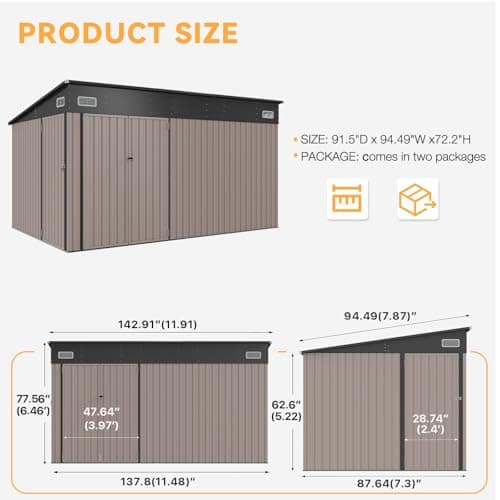 Aoxun 11.5'x7.3' Shed Outdoor Storage Shed with Triple Lockable Door Metal Storage Cabinet with Slopping Roof for Tools Bicycles Storage for Garden, Patio, Courtyard (Brown)