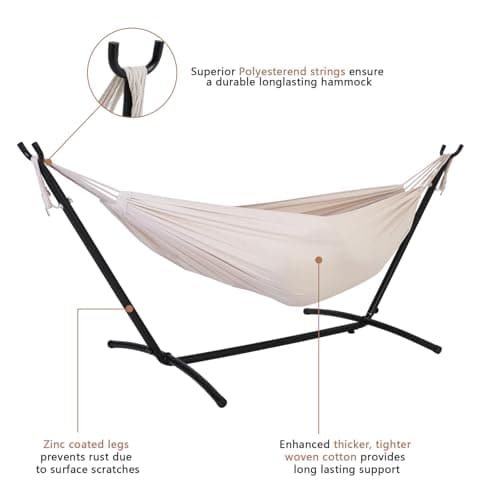 Double Hammock with Stand Included 450lb Capacity Space Saving Steel Stand,Premium Carry Bag Included,Suit for Outside,Indoor,Yard,Camping(Beige).