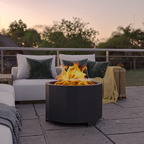 Flash Furniture Titus Commercial Grade Wood Burning Smokeless Outdoor Firepit - Black Finish - 27 inches - Portable - Waterproof Cover