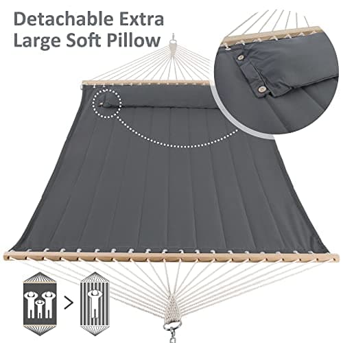 SUNCREAT Portable Tree Hammock with Hardwood Spreader Bar, Extra Large Soft Pillow, Heavy Duty 2 Person Hammock for Indoor, Outdoor, Gray