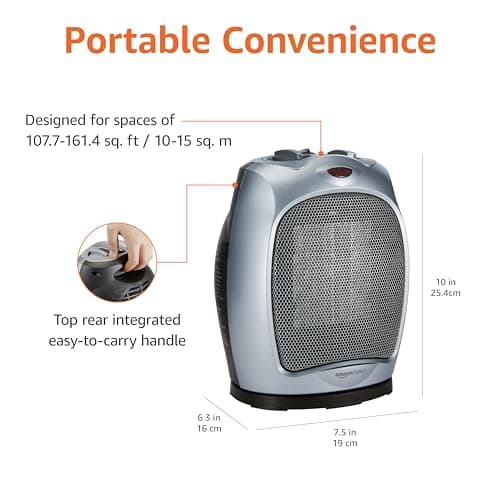 Amazon Basics Oscillating Ceramic Space Heater, Portable Heater for Indoor Use, for Office and Home, With Overheat and Tip-Over Protection, Thermostat, 1500W, Silver, 7.52"D x 6.34"W x 9.45"H