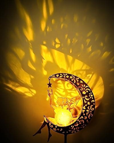 Solar Garden Statues Outdoor Decor, Fairy Moon Figurine Light Stake, Housewarming Ornament for Patio, Lawn, Yard, Pathway - Unique Gift Ideas for Gardening Mom Grandma