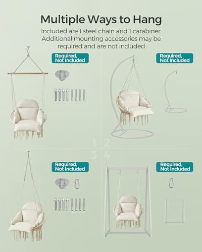 SONGMICS Hanging Chair, Hammock Chair with Large, Thick Cushion, Boho Swing Chair for Bedroom, Patio, Balcony, Garden, Holds up to 264 lb, Accessories Included, Cream White UGDC042M01