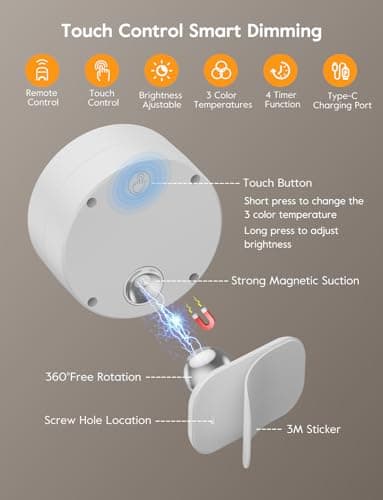 Brightown LED Magnetic Wall Sconce Lights, 2 Pack USB Rechargeable Wall Mounted Lights with Remote, 3 Lighting Colors and Dimmable, 360° Rotation Cordless Wall Mount Lamp for Bedroom, White