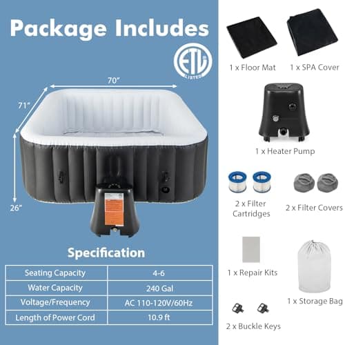 GYMAX Hot Tub, Inflatable Hot Tub with 130 Soothing Bubble Air Jets, Insulated Lockable Cover, Ground Mat & Filter Cartridges, Outdoor Blow Up Spa Tub for Backyard, Patio (Square, 4-6 Person)