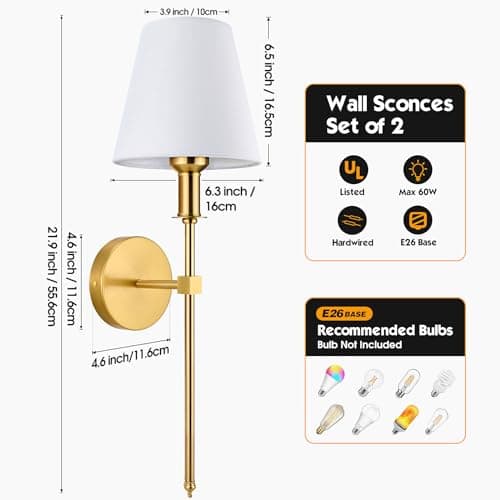 Wall Sconces Sets of 2, Bathroom Vanity Sconces Wall Lighting with White Fabric Shades, Retro Industrial Wall Lamps, Wall Lights Suitable for Bedroom Living Room Kitchen