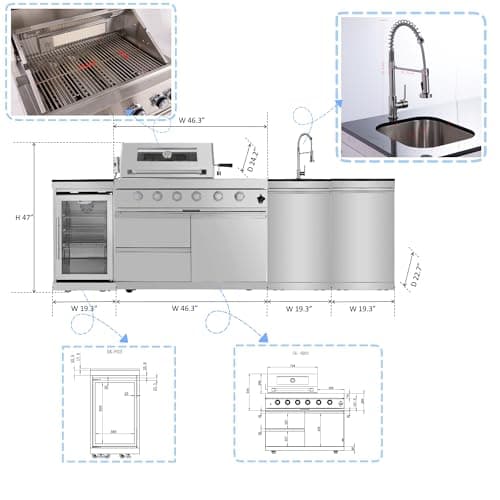 104 Inches 4-Burner 72000 BTU Deluxe Stainless Steel Gas Outdoor Kitchen Bar Barbecue Island Grill, Wine Cooler Compact Refrigerator, Rotisserie Kit, Granite Countertops, Stainless Steel Sink, Silver