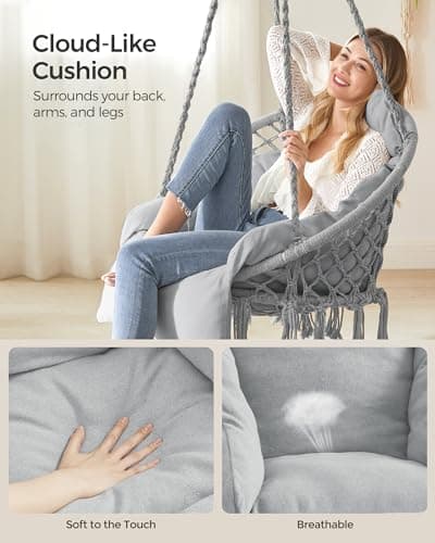 SONGMICS Hanging Chair, Hammock Chair with Large, Thick Cushion, Boho Swing Chair for Bedroom, Patio, Balcony, Garden, Holds up to 264 lb, Accessories Included, Dove Gray UGDC042G11