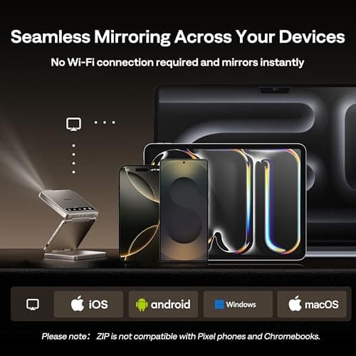 ZIP Tri-Fold Truly Portable DLP Projector, Pocket Size, Zero-Lag Focus, One-Click Screen Mirroring, Full-Screen Mode, Type-C Fast Charging, 5,000mAh Battery, Indoor Outdoor Mini Projector, Gold
