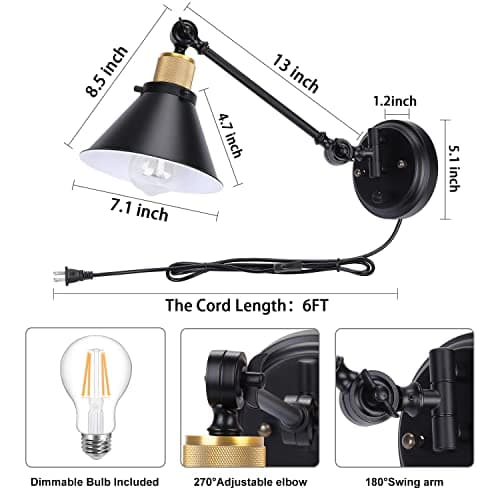 TRLIFE Wall Sconce Plug in, Dimmable Wall Sconce Wall Lights with Plug in Cord and Dimmer On/Off Knob Switch, Swing Arm Wall Light for Bedside Bedroom Stairway Living Room(1 Pack, 1 Bulb Included)
